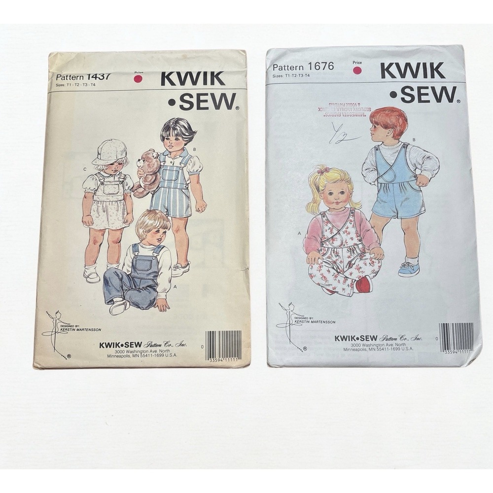 Lot of 2 Vintage Kwik Sew Patterns 1437 1676 Toddler Kids Overalls Jumper  T1-T4